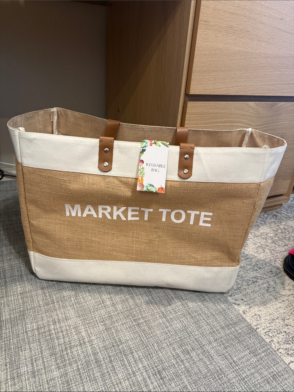Market Tote Reusable Bag - Tan and Cream